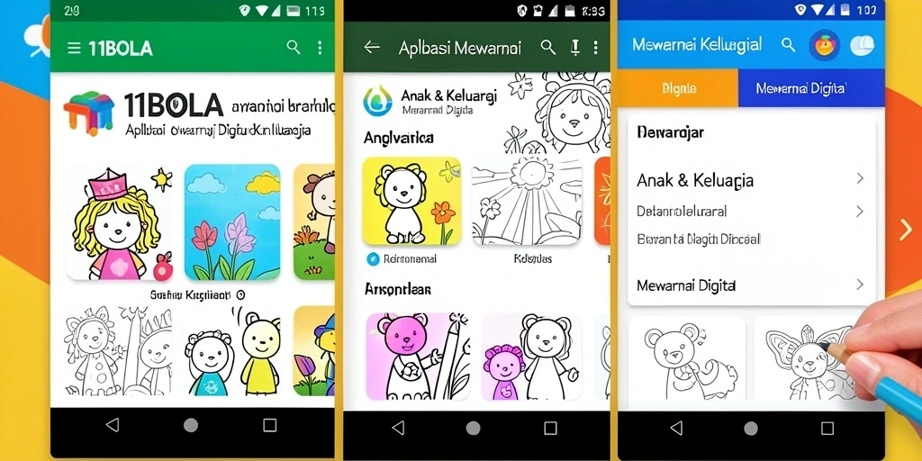 Antarmuka aplikasi 11BOLA yang ramah anak untuk mewarnai.