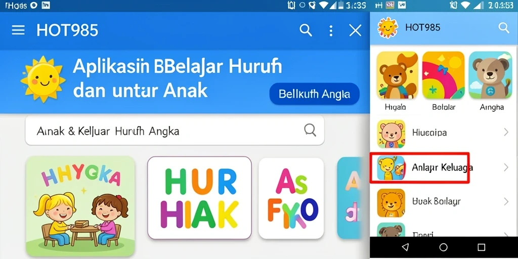 Tampilan antarmuka fungsional HOT985 untuk belajar huruf dan angka.